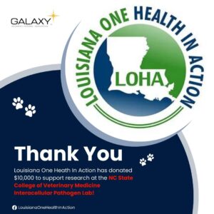 Galaxy Diagnostics Logo. Louisiana One Health In Action Logo. Thank you. Louisiana One Health in Action has donated $10,000 to support research at the NC State College of Veterinary Medicine Intracellular Pathogen Lab!