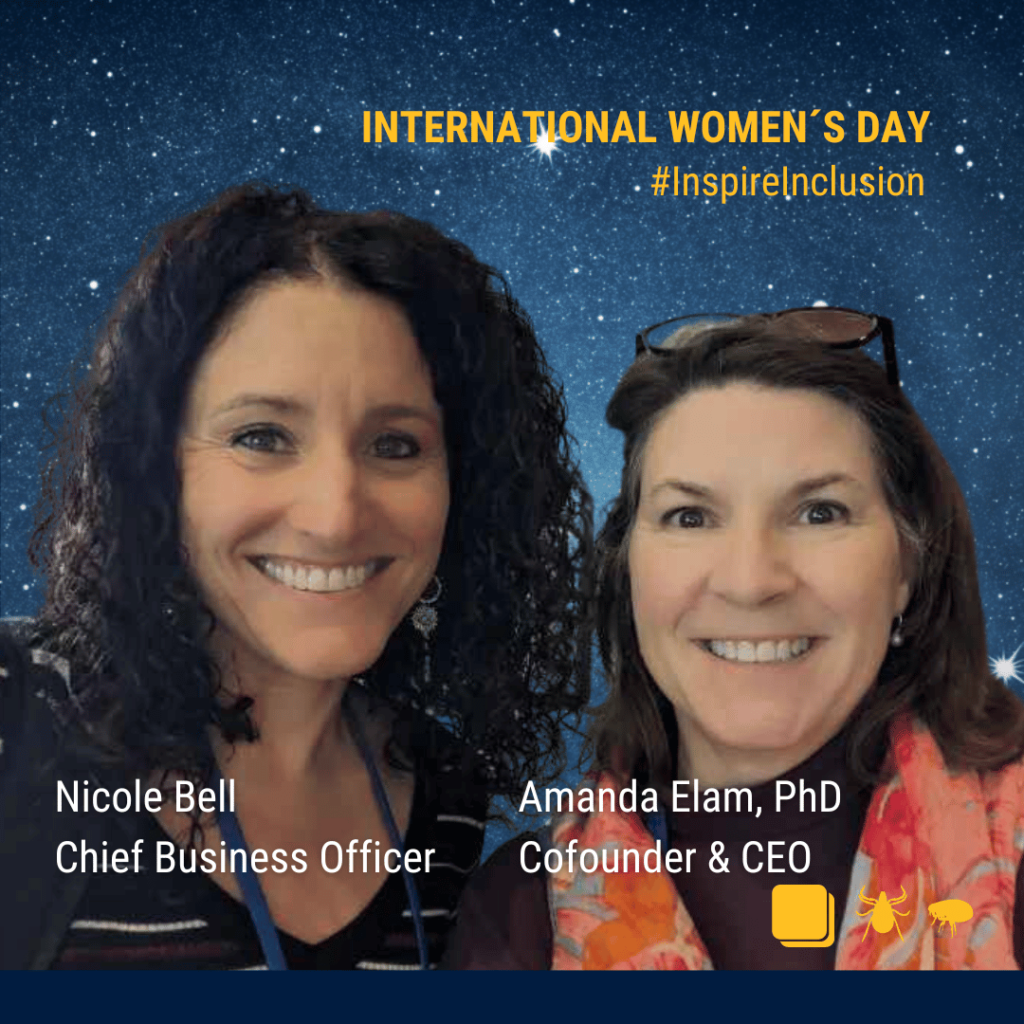 Photos of Nicole Bell and Amanda Elam (white women with shoulder-length dark hair) on a starry background. Text: International Women’s Day #InspireInclusion. Nicole Bell, Chief Business Officer. Amanda Elam, PhD, Cofounder & CEO