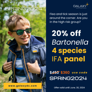 Spring 2024. Flea and tick season is just around the corner. Are you in the high risk group? 20% off Bartonella 4 species IFA panel. Was $450 now $360. Use code Spring 2024. Offer valid until June 30, 2024. Background image: Child with short blond hair in hiking clothing.